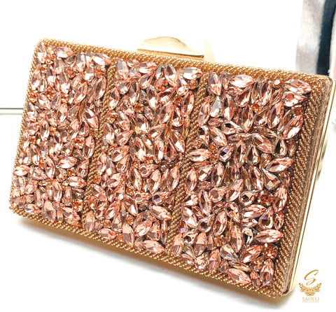 Rosegold colour beautiful handwork with pearl beaded & Crystal stone designer clutch