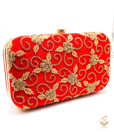 Red colour pearls beaded handwork with heavy jerkan stone work designer clutch