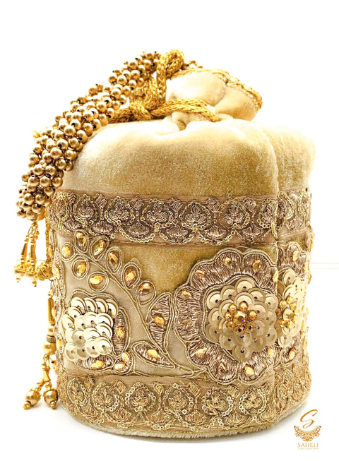 Golden Colour Velvet Based sequined & Stone Work With Pearl Work Handle Beautiful Potli Bag