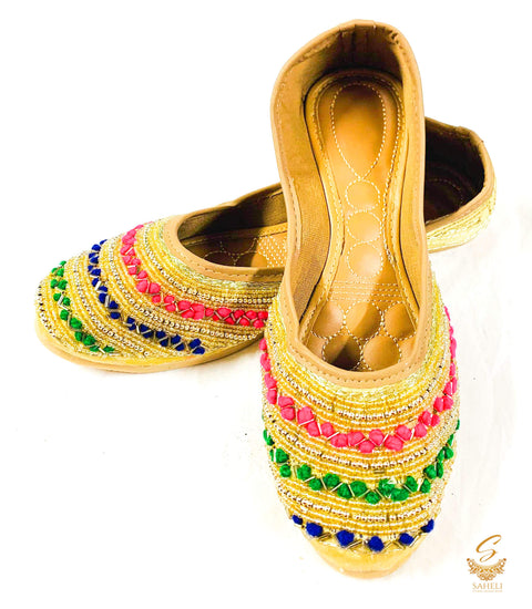 Golden Colour Beaded Hand Work Design Punjabi Jutti