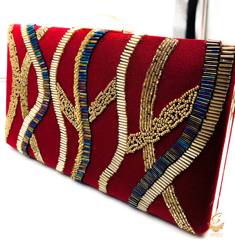MAroon colour Zardosi Golden & Peaock colour handwork designer clutch