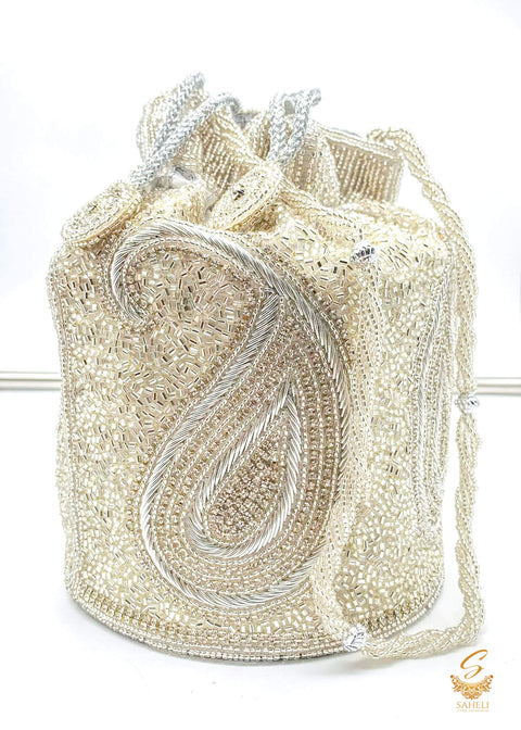 Bridal Potli bag  Silver Colour hand Work with crystals & Jerkan beaded With Pearl Work Handle