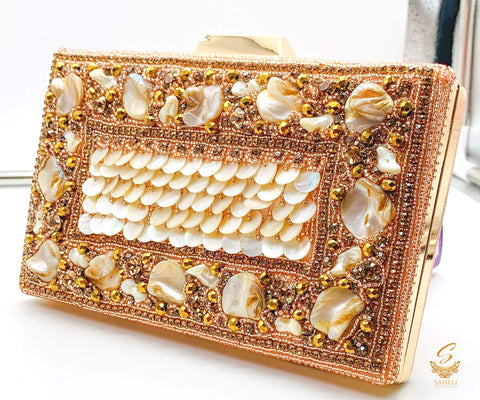 Rosegold colour beautiful handwork with pearl beaded & Crystal stone designer clutch