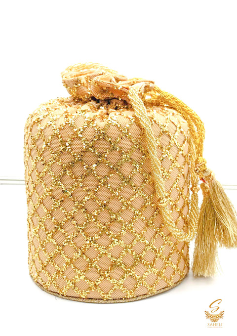 Golden Colour netting Based sequine Work With Pearl Work Handle Beautiful Potli Bag
