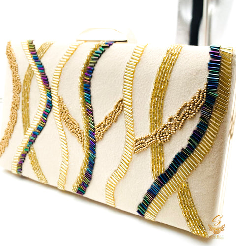 Cream colour Zardosi Golden & Peaock colour handwork designer clutch