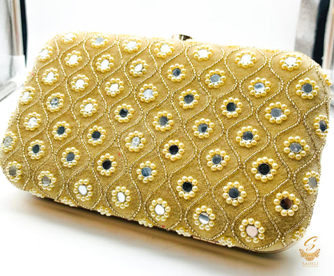 Golden colour beautiful handwork with pearl beaded & mirrors designer clutch