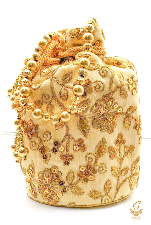 Golden Colour silk Based embroidered Work With Pearl Work Handle Beautiful Potli Bag