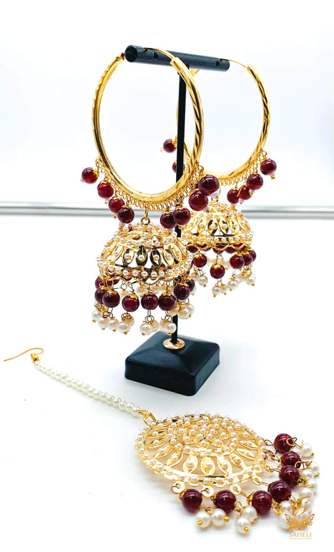 Dark Maroon pearls work Jadau work Beautiful jhumka balian with tikka set