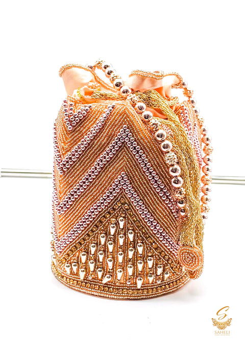 Rosegold Colour silk pearl beaded Work With Pearl Work Handle Beautiful Potli Bag