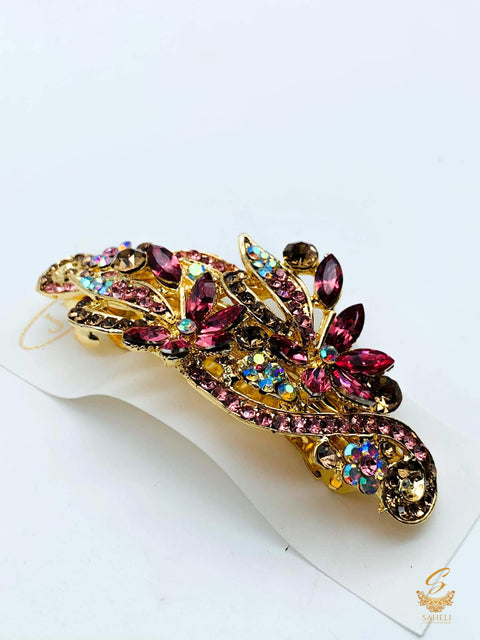 Pink & Golden colour Crystals with jerkan stone beautiful hair clip