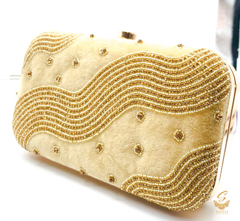 Golden colour pearls beaded handwork with heavy Zardosi work designer clutch