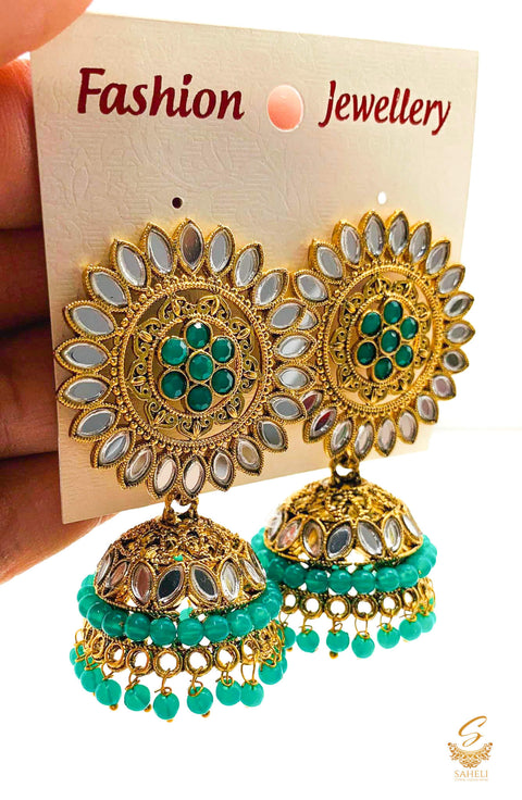 Green colour pearls with mirrors work design beautiful jhumka