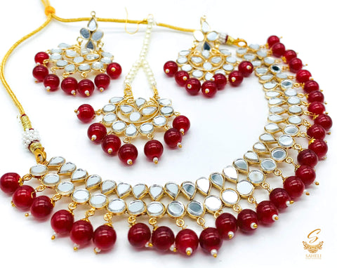 Dark MAroon Colour Pearls With Original Mirror Work Necklace Set With Earrings & Tikka