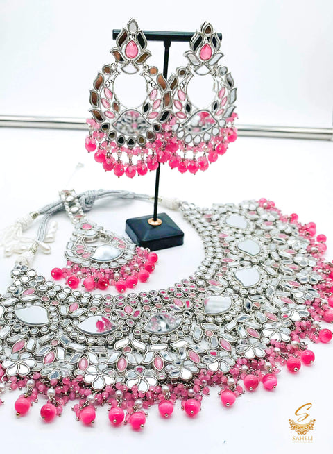 Pink Pearls With Original Mirror Work Semi Bridal Necklace Set With Earrings & Tikka