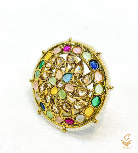Multicoloured Polki Stone Beautiful Ring (Adjustable)