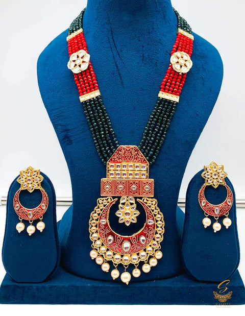 Deep Kai Green & Maroon colour meenkari with kundan work pendant Long rani haar with pearl work set with beautiful design earrings