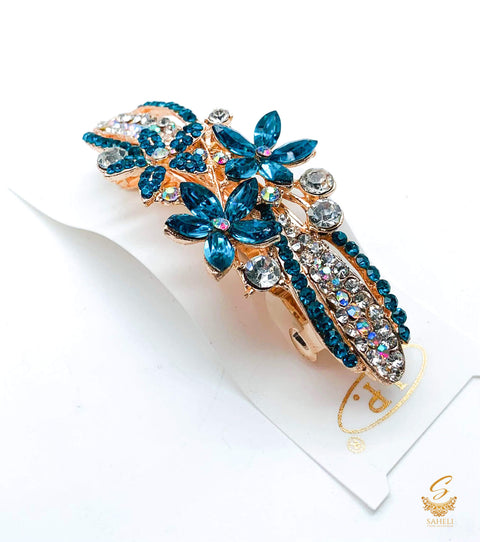 Firozi & Silver colour Crystals with jerkan stone beautiful hair clip