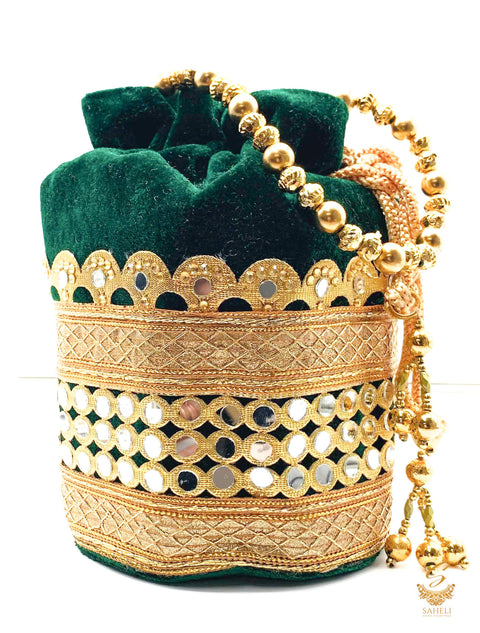Deep KAi Green colour velvet based mirror work with pearl work handle beautiful Potli Bag