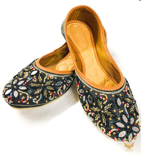 Black colour beaded hand work with mirror work design Punjabi Jutti