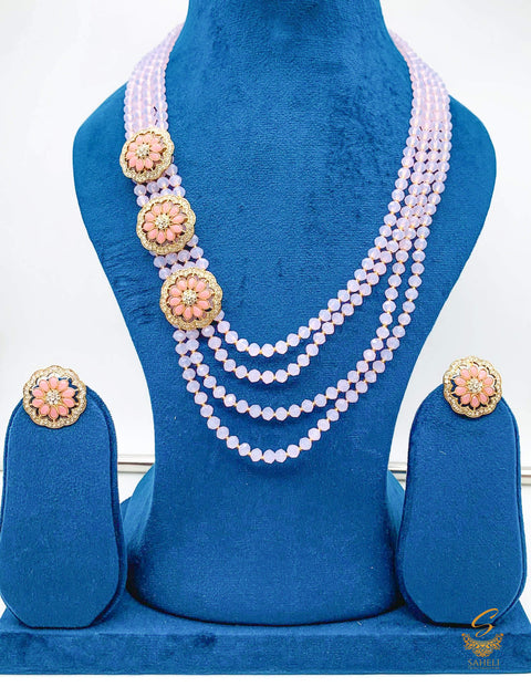 Pastel Pink colour jerkan stone work & pearls beaded long necklace with small studs necklace set