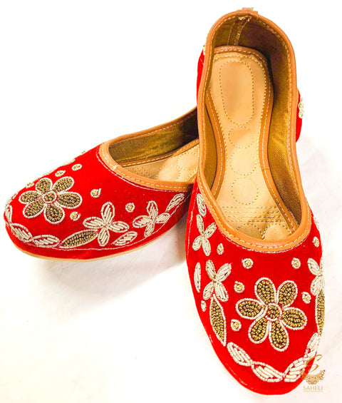 Strawberry Red colour beaded hand work design on velvet Punjabi Jutti