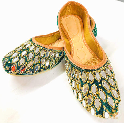 Dark kai green colour original mirror work design on velvet Punjabi Jutti