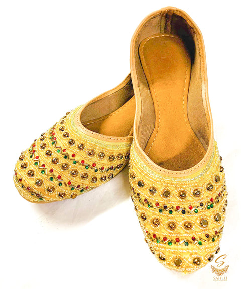 Golden Colour Beaded Hand Work Design Punjabi Jutti