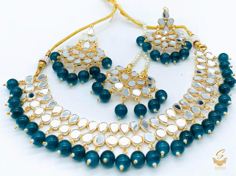 Dark teal blue Colour Pearls With Original Mirror Work Necklace Set With Earrings & Tikka