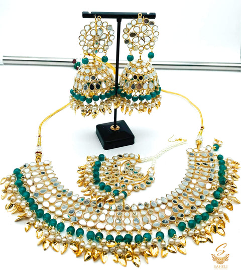 Teal Green colour pearls with original mirror work necklace set with earrings & tikka