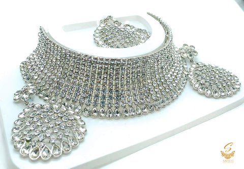 Silver Jerkan Stone Beautiful Necklace Set