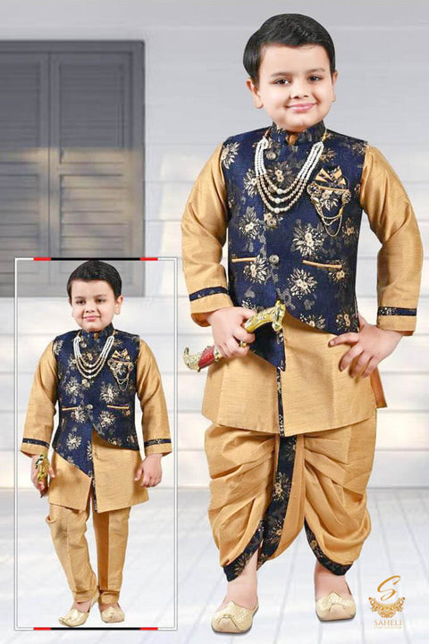 Golden Beige Colour Silk Based Kids Kurta Pajama & Dhoti (2 Styles )With Nevi Blue Colour Brocade Silk Jacket With Broach & Mala