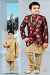 MAroon Colour Brocade Silk Based Kids Indo Western (With Mala And Broach )With Pents And Kurta ( 2 Styles)