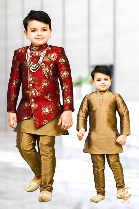 Maroon Colour Brocade Silk Based Kids Indo Western (With Mala And Broach )With Pents And Kurta ( 2 Styles)