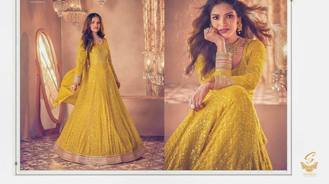 Size 42 (Upto 44) Fully Stitched Mustard Colour pure  Georgette Based All Over Embroidery Work With Sequined Anarkali Kameez  And chiffon dupatta