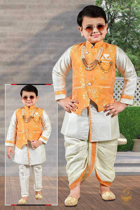 Cream colour silk based kids Kurta Pajama & Dhoti (2 Styles )with merigold Colour brocade silk jacket with broach & Mala