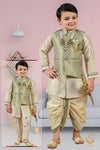 Cream Golden colour silk based kids Kurta Pajama & Dhoti (2 Styles )with Mint Colour brocade silk jacket with broach & Mala