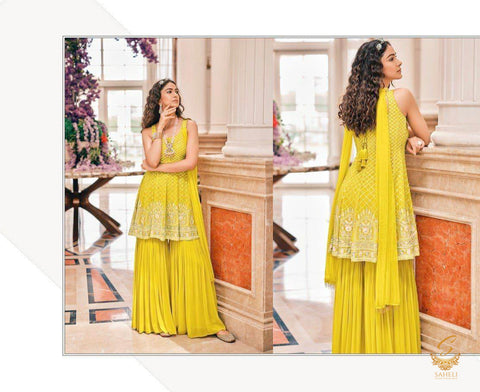 Size 44(Upto 46) Fully Stitched Bright Lemon Colour Chiffon Based All Over Embroidery Work Flared Kameez & Pure georgette sharara with netting based embroidery Work heavy Dupatta