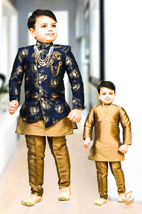 Nevi Blue colour brocade silk based kids Indo Western (with Mala and Broach )with Pents and Kurta ( 2 styles)