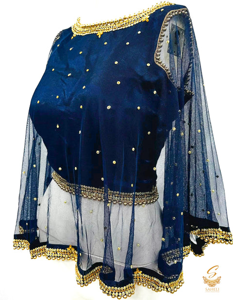 Size 38(upto 40 )Nevi Blue colour Art silk based designer poncho  with stone work and beaded lace all around