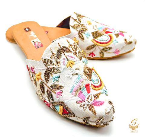 White colour Handcrafted with multicoloured beaded work back open jutti