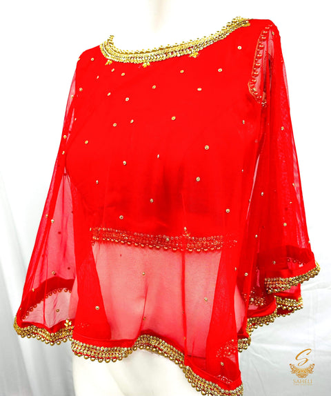 Size 38(upto 40 )Red colour Art silk based designer poncho  with stone work and beaded lace all around