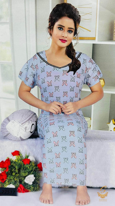 Cotton Lycra based Printed fabric(stretchable) women's nighty (size 44-46) Length-55 inch (Front button open)