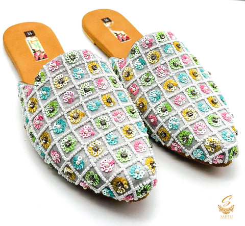 White colour Handcrafted with multicoloured beaded work back open jutti
