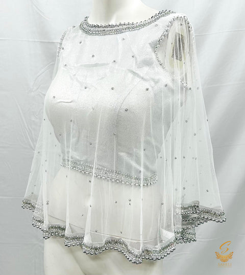 Size 38(upto 40 )Silver colour Art silk based designer poncho  with stone work and beaded lace all around