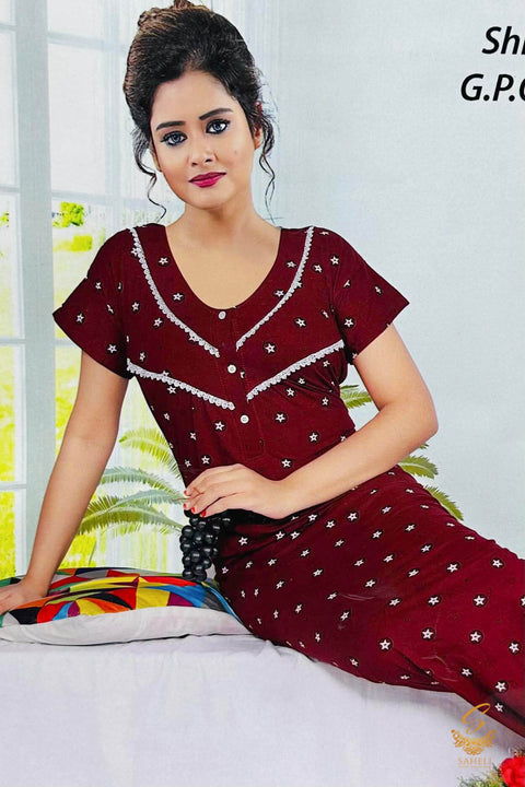 Cotton Lycra based Printed fabric(stretchable) women's nighty (size 44-46) Length-55 inch (Front button open)