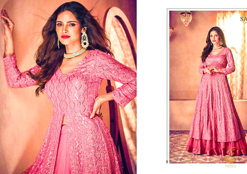 Size 46Fully Stitched Blush Pink Colour pure Georgette Based All Over Embroidery Work & Sequined work front cut Anarkali Kameez  And chiffon dupatta