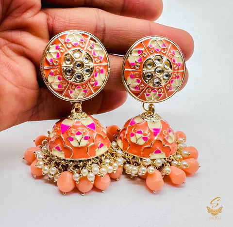 Peach colour kundan stone with pearls work beautiful meenakari Jhumka