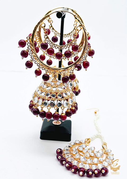 Dark Maroon Pearls with Kundan stone beautiful jhumka balian with tikka