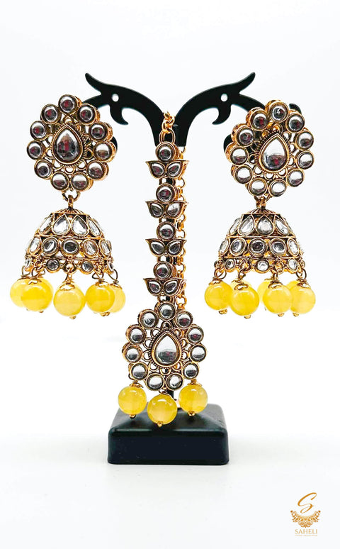 Yellow Pearls with kundan stone beautiful Jhumka with tikka set