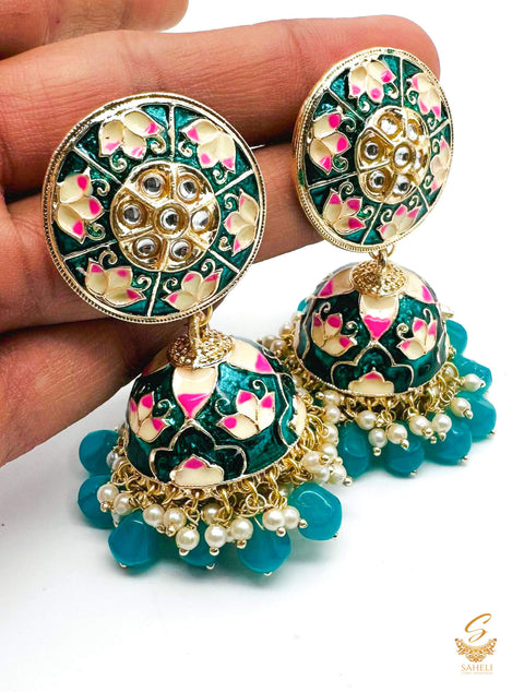 Dark Teal colour kundan stone with pearls work beautiful meenakari Jhumka